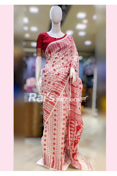 All Over Contrast Color Self Weaving Butta Work Design Soft Reshom Dhakai Jamdani Saree (NDR4)
